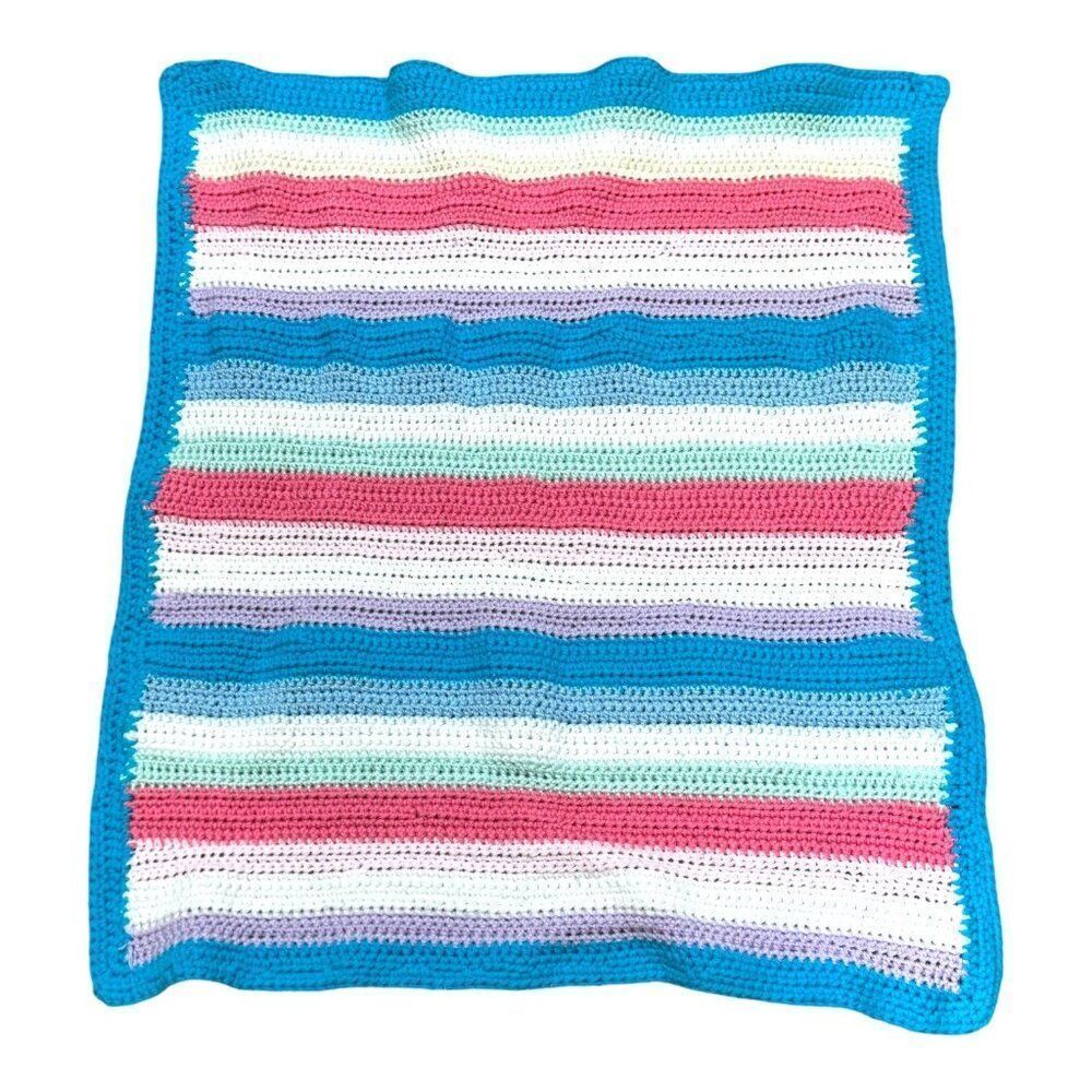 Handmade Crochet Baby Blanket Receiving Shower Gift Pink Blue White Stripes SEE